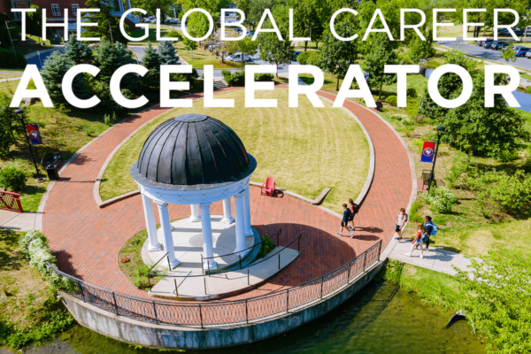 Aerial view of the gazebo in Sarah's Glen at ĻӰ with the text "The Global Career Accelerator."